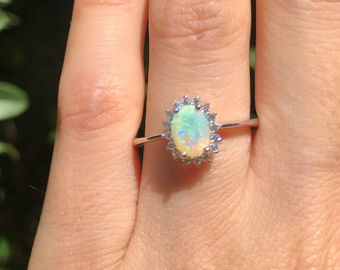 Oval Opal Halo Engagement Ring- Genuine Opal Promise Ring- Fire Opal Anniversary Ring- Solitaire Welo Opal Ring- October Birthstone Ring