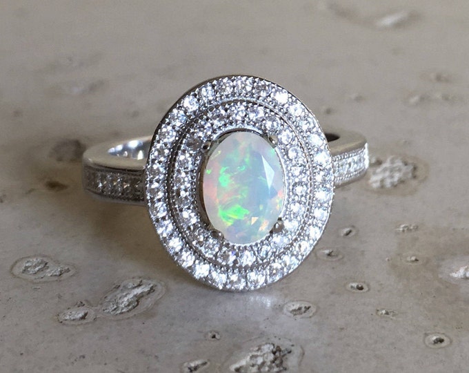 Opal Deco Engagement Halo Ring- Oval Opal Promise Ring for Her- Genuine Fire Opal Anniversary Ring- Fire Opal Solitaire Ring- October Ring