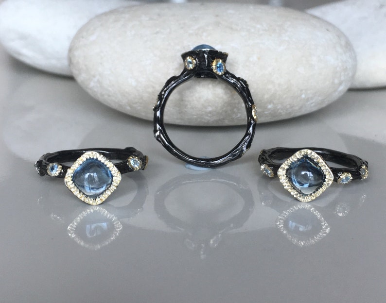 Unique Anniversary Ring Gemstone Promise Ring Black Engagement Ring Boho Bridal Ring Blue Topaz Ring December Birthstone Ring image 3