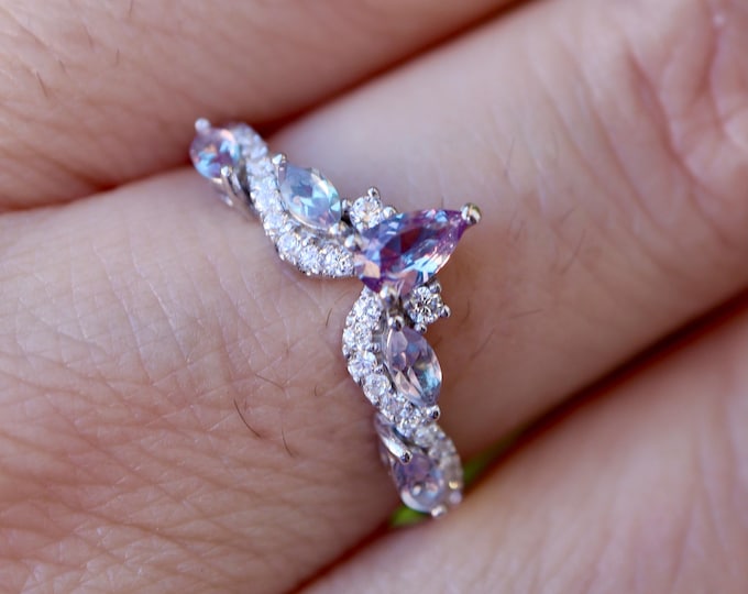 Marquise Color Change Purple Blue Alexandrite with Moissanite Sterling Silver Deco Wedding Band