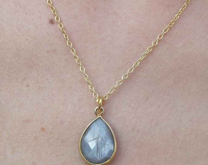 Genuine Teardrop Gray Sapphire Simple Bezel Necklace- Natural Pear Real Sapphire Gold Plated Silver Necklace- September Birthstone Necklace