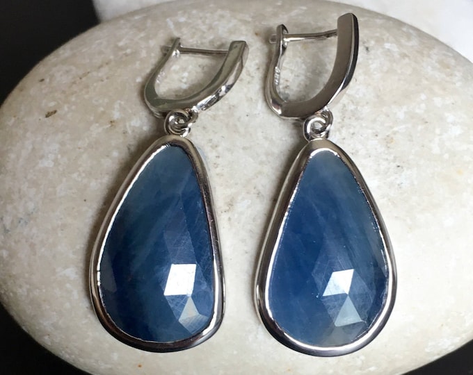 Sapphire Blue Sapphire Genuine Raw Teardrop Dangle Sterling Silver Sapphire Real Blue Gemstone September Birthstone Long Pear Shape Earring