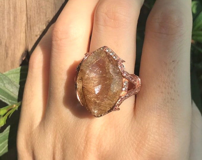 18ct Rutilated Quartz Marquise Statement Ring- Large Gold Rutile Quartz Solitaire Avant Garde Ring- Alternative Gemstone Engagement Ring