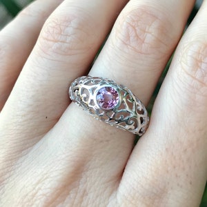 Filigree Genuine Spinel Engagement Ring- Color Gemstone Engagement Ring- Solitaire Round Pink Antique Alternative Edwardian Ring