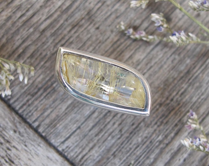 Rectangle Rutile Quartz Statement Geometric Ring- Rutilated Quartz Baguette Minimalist Ring- Gold Rutile Quartz Ring- East West Ring