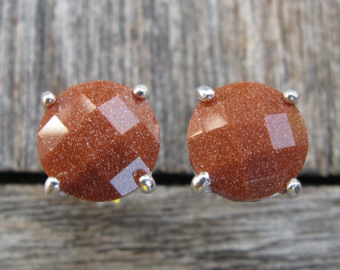 Bohemian Sandstone Round Earring- Sparkly Brown Earring- Festive Colorful Stud Earring- Sterling Silver Minimalist Stud