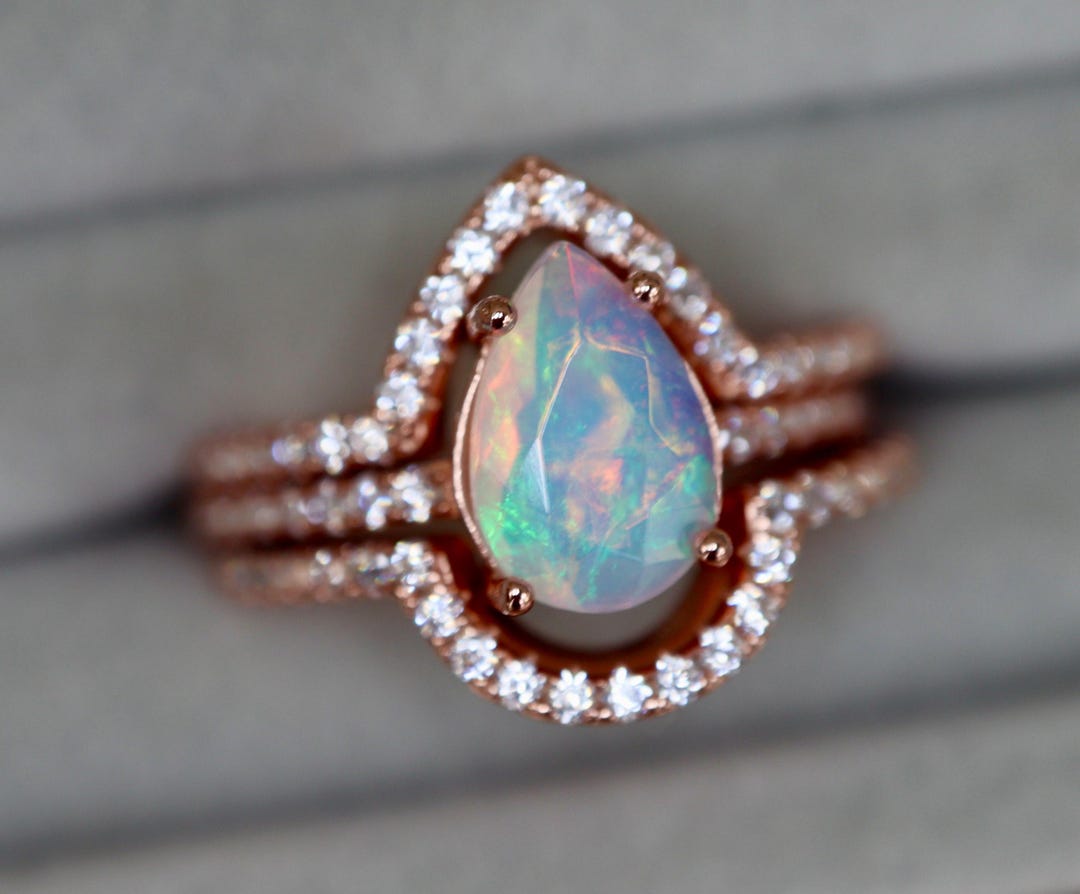 Genuine Pear Opal Halo Engagement Ring Set- Faceted Natural