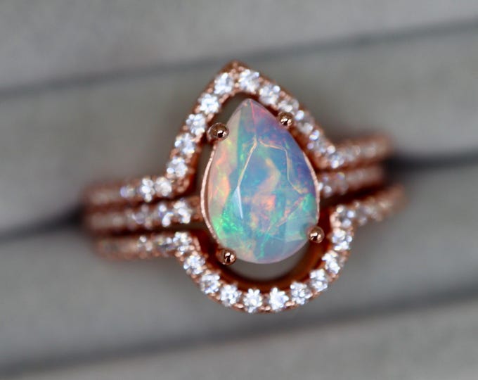 Genuine Pear Opal Halo Engagement 3 Ring Set- Faceted Natural Rainbow Opal Bridal Ring- Large Teardrop Iridescent October Birthstone Ring
