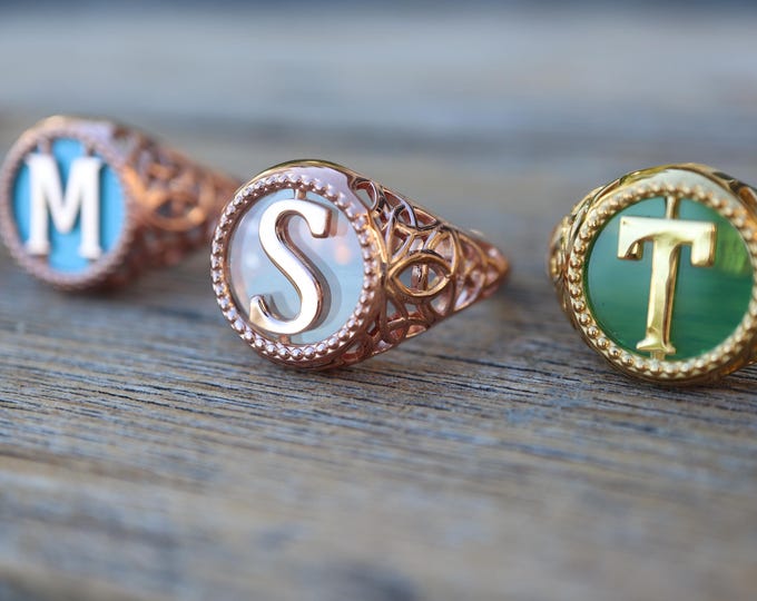 Initial Silhouette Celtic Knot Birthstone Signet Ring- Custom Alphabet Letter Bezel Ring- Round Unisex Sterling Silver Ring-Gifts for Couple