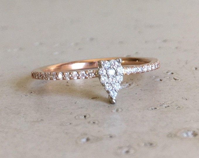 Thin Micro Pave Diamond Ring- Rose Gold Diamond Stackable Ring- Dainty Diamond Cluster Ring- Promise Diamond Ring- Pear Shape Stack Ring