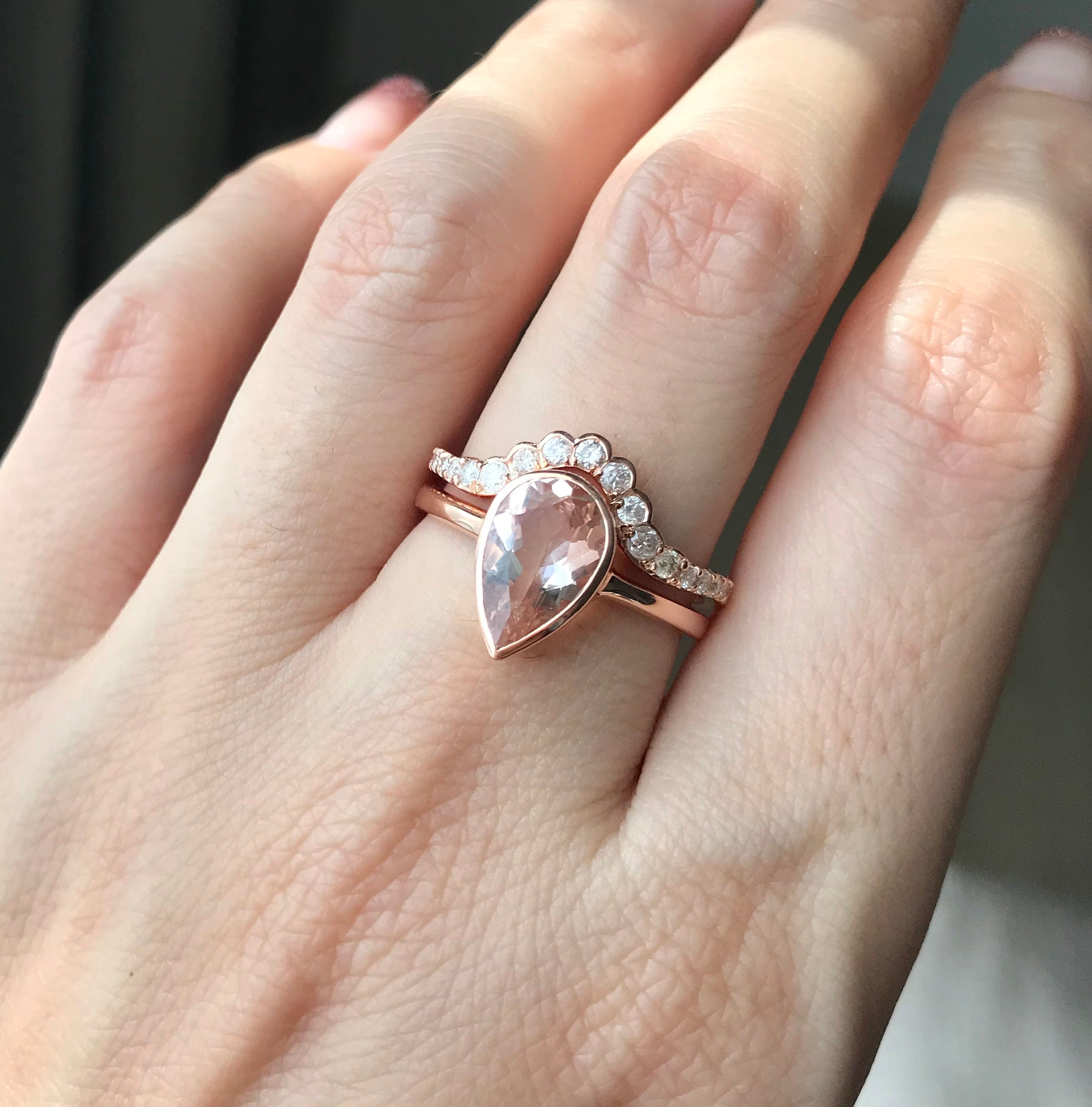 Vintage Morganite Rose Gold Engagement Ring Set- Teardrop Morganite