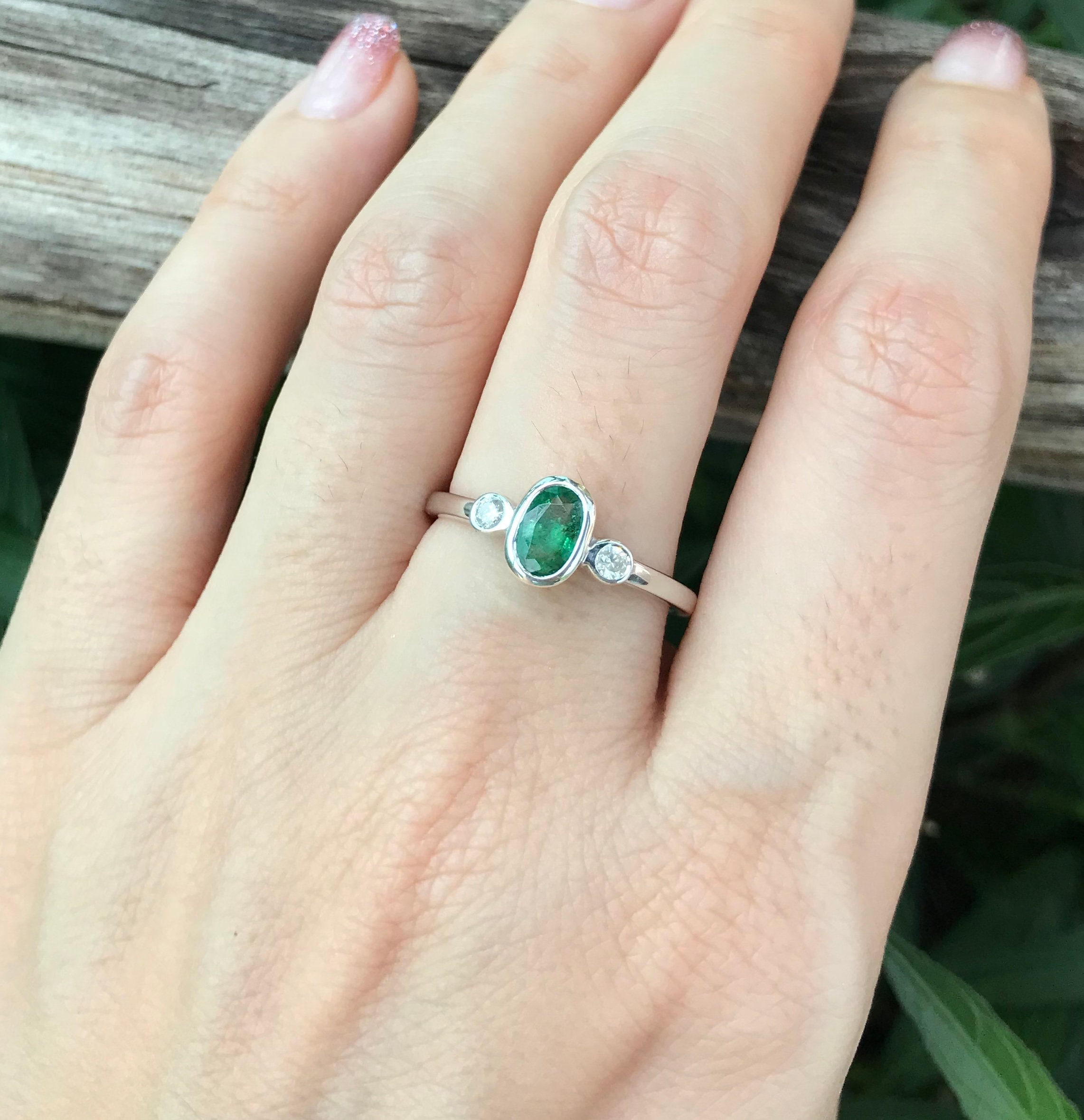 Natural Emerald Oval Engagement Women 2 Ring Set Deco Genuine Emerald