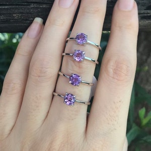 Genuine Amethyst Round Dainty Stackable Ring Purple Amethyst 4 Prong Silver Ring Purple Gemstone Ring February Birthstone Ring image 6