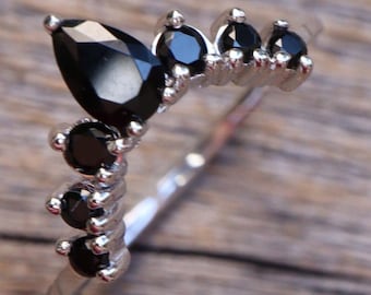 Black Onyx Curve Sterling Silver Enhancer Wedding Band- Black Spinel Half Circle Rose Guard Band- Alternative Diamond V Chevron Gold Band