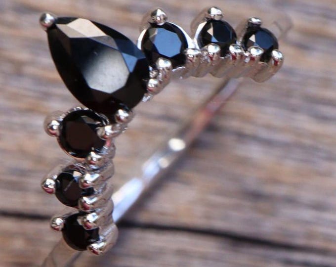 Black Onyx Curve Sterling Silver Enhancer Wedding Band- Black Spinel Half Circle Rose Guard Band- Alternative Diamond V Chevron Gold Band