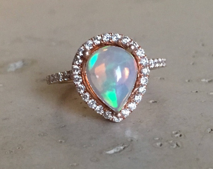Halo Large Opal Diamond Engagement Ring- Teardrop Genuine Opal Solitaire Ring- Pear 1.50ct Cabochon Opal  Ring- Opal 14k Gold Promise Ring