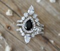 Teardrop Black Onyx Halo Bridal 3 Ring Set- Pear Black Engagement Ring Set- Black Spinel Ring w/2 Wedding Band