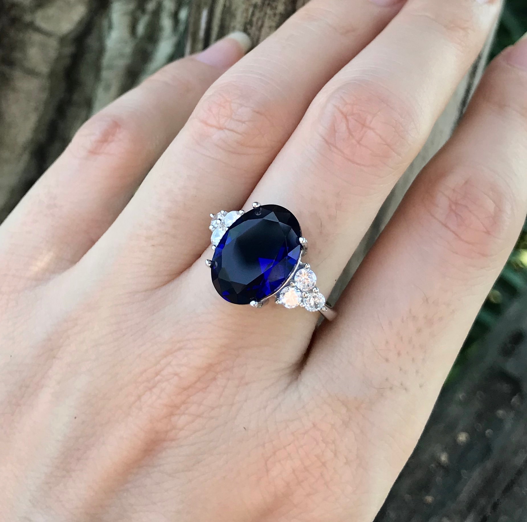 Trio Royal Blue Oval Sapphire & Diamond Ring - Tomfoolery London