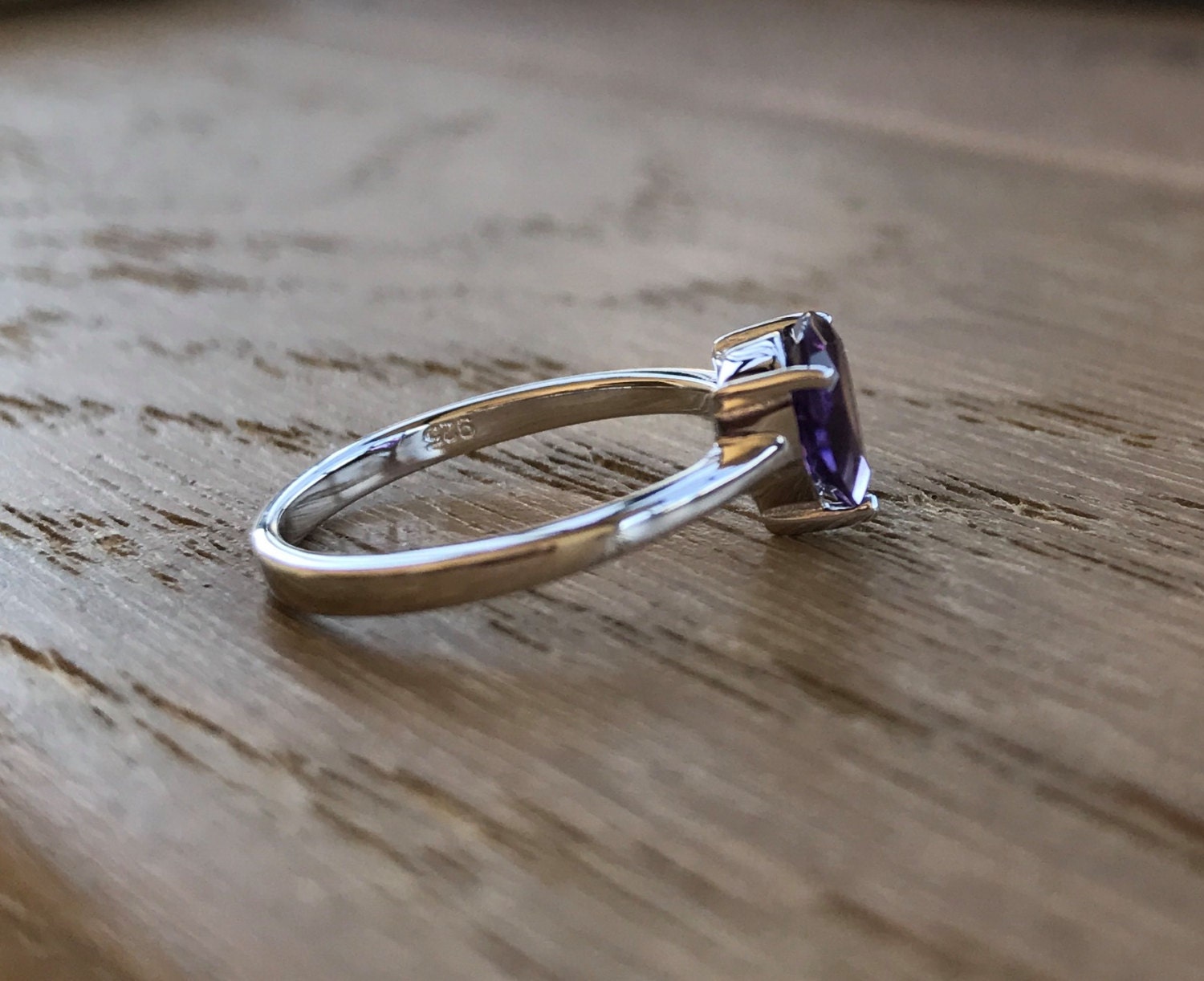 Purple Amethyst Triangle Silver Ring Stackable Purple