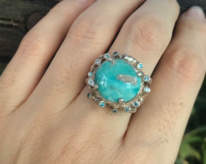 Turquoise Bird Nest Women Solitaire Ring- Genuine Turquoise Nature Inspired OOAK Statement Ring- Unique Gemstone Round Turquoise Silver Ring