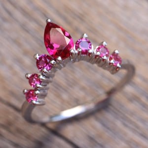 Ruby Silver Wedding Band- Red Stone Nesting Contour Rose Band- Dark Deep Pink Red Stack Chevron Band- Fuchsia Half Circle Bespoke Band