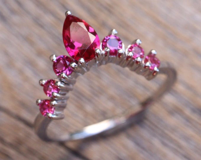 Ruby Silver Wedding Band- Red Stone Nesting Contour Rose Band- Dark Deep Pink Red Stack Chevron Band- Fuchsia Half Circle Bespoke Band