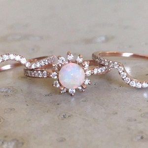 Round Opal Engagement 3 Ring Set- Genuine Opal Bridal Ring Set- Halo Floral Natural Opal Ring with 2 Band- Opal Diamond Ring