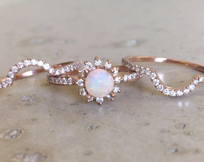 Round Opal Engagement 3 Ring Set- Genuine Opal Bridal Ring Set- Halo Floral Natural Opal Ring with 2 Band- Opal Diamond Ring