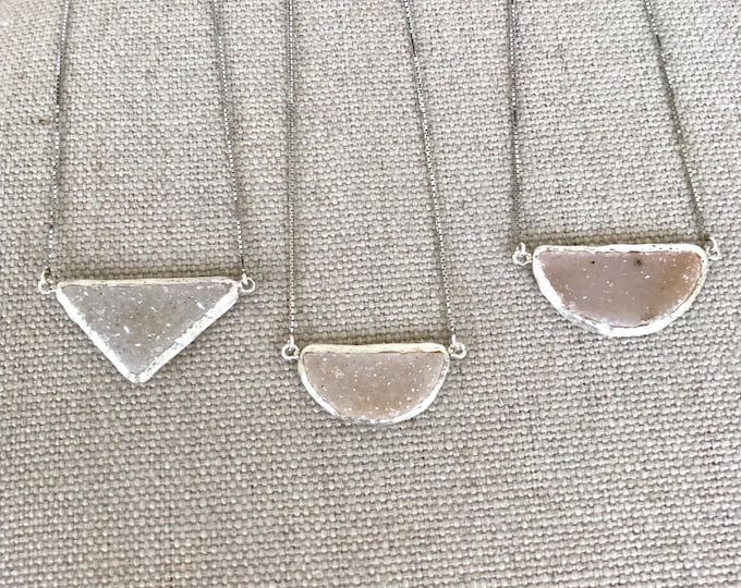Triangle Statement Druzy Raw Necklace- Rough Gemstone Pendant Necklace- White Druzy Natural Necklace- Beige Druzy Sterling Silver Necklace