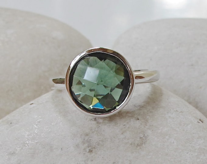 Round Green Quartz Ring- Stackable Dark Green Topaz Ring- Statement Green Stone Ring- Solitaire Sterling Silver Ring-