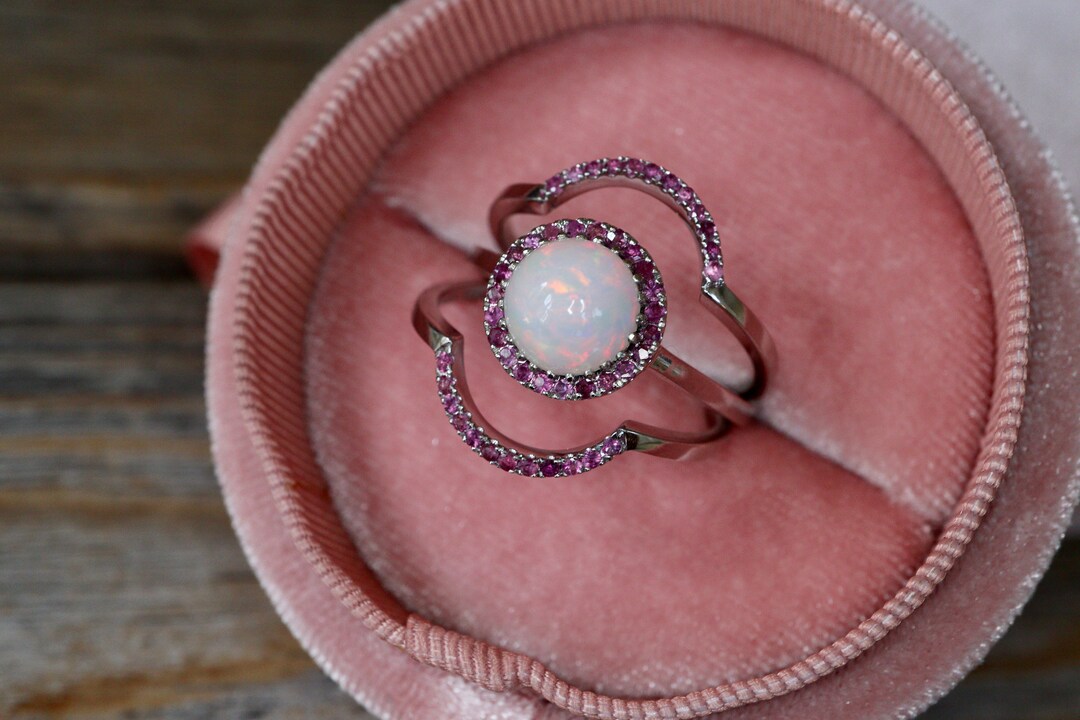 Round Genuine Opal With Pink Sapphire Engagement Solid 14k