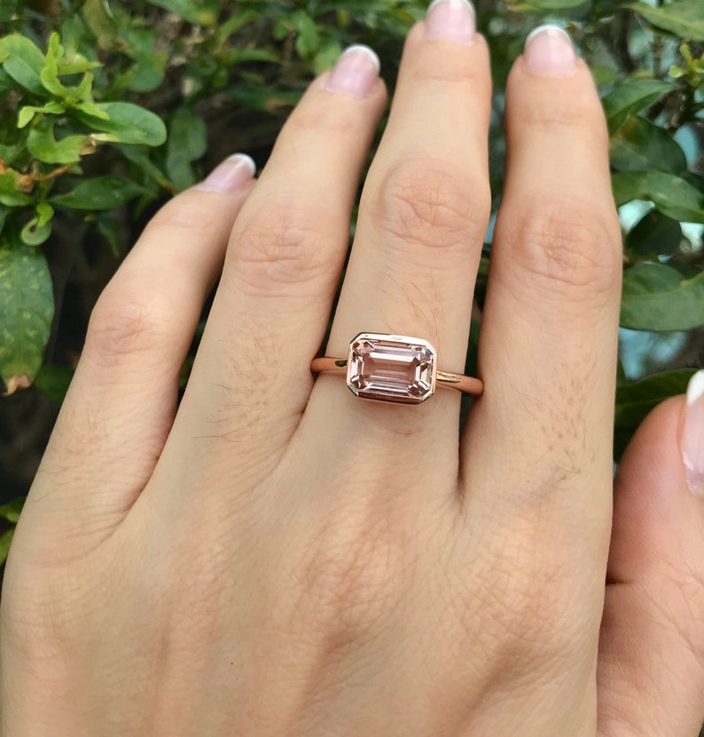 1.50ct Rectangle Natural Morganite Ring Genuine Morganite Emerald Cut Engagement Ring-East West Morganite Solitaire Minimalist Bezel Ring image 1