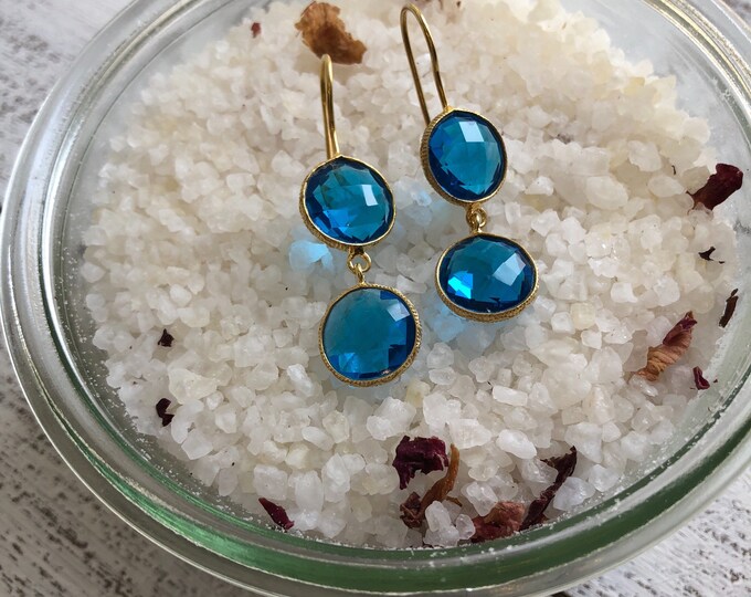 Blue Quartz Dangle Long Earring- Handmade Gemstone Drop Earring- Two Blue Statement Earring- Double Stone Earring-