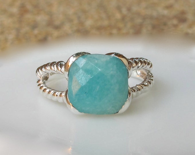 Square Boho Amazonite Ring- Aqua Green Statement Ring- Solitaire Double Rope Band Ring- Simple Blue Gemstone Ring- Square Cushion Shape Ring