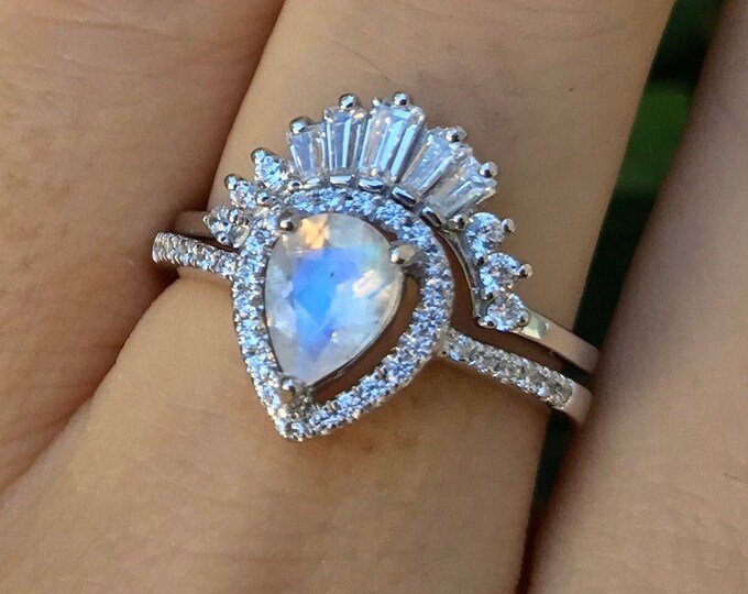 Moonstone Vintage Halo Pear Engagement Ring Set-Moonstone Teardrop Deco Bridal Ring Set- Baguette Moonstone Wedding Two Piece Ring with Band