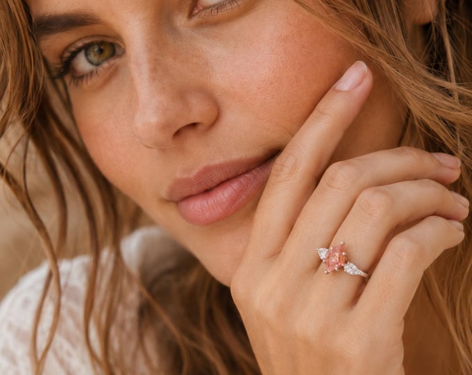 Kite Sunstone Solitaire Three Stone Sterling Silver Ring with Moissanite