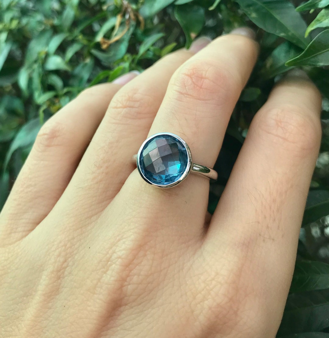 Swiss Blue Quartz Round Ring- Dark Blue Topaz Silver Ring