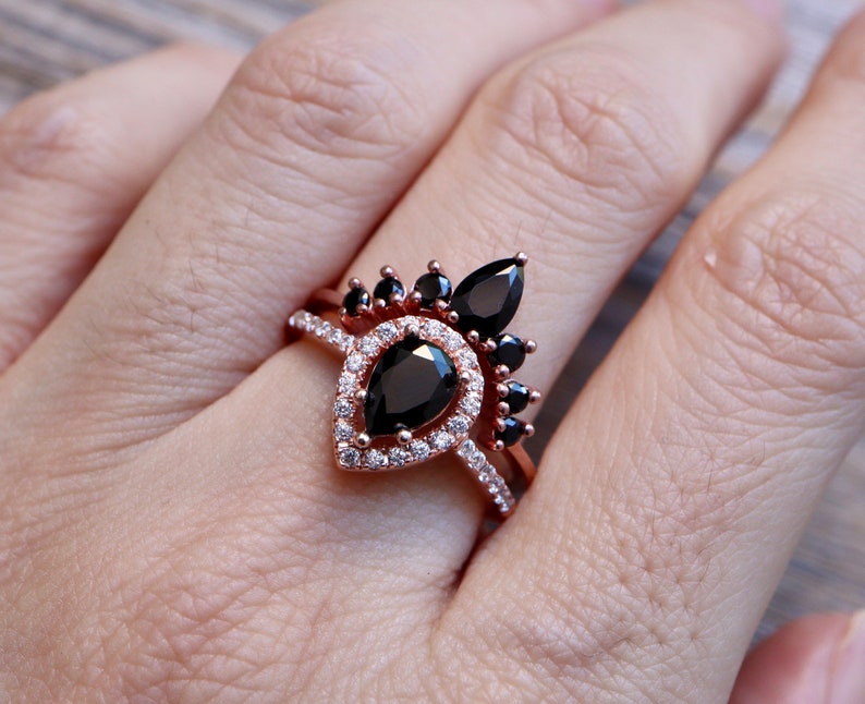 Teardrop Black Onyx Engagement Silver Ring Set Pear Black Diamond Alternative 2 Rose Ring Black Halo Ring with Wedding Band image 3