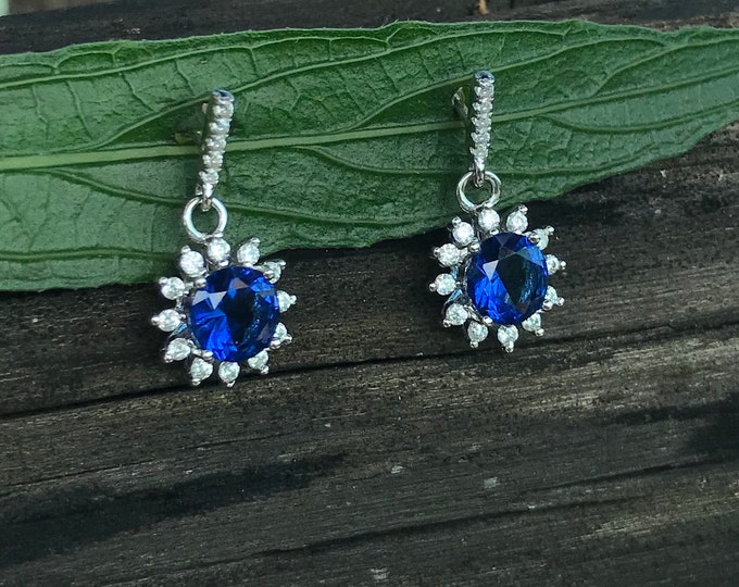 Blue Sapphire Floral Dangle Earring- Halo Blue Sapphire Stud Drop Earring- Dainty Dark Blue Gemstone Earring- Round Flower Silver Earring