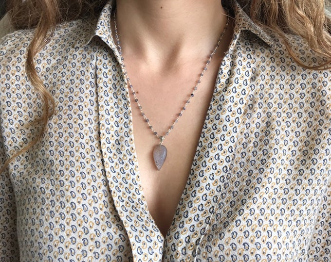 Pear Gray Druzy  Beaded Necklace Bohemian Boho Druzy Necklace