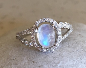 Moonstone Oval Vintage Engagement Ring- Halo Moonstone Promise Ring for Her- Deco Solitaire Anniversary Split Ring- June Birthstone Ring