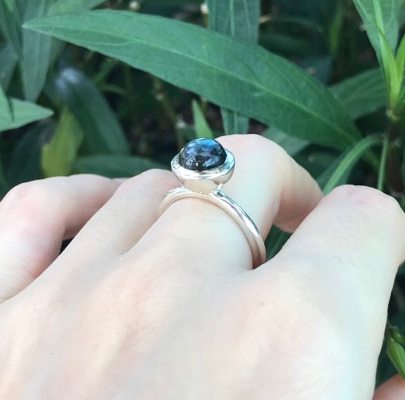 Blue Labradorite Cabochon Stackable Boho Ring Bohemian Ring For Teen Blue Iridescent Gemstone Sterling Silver Ring