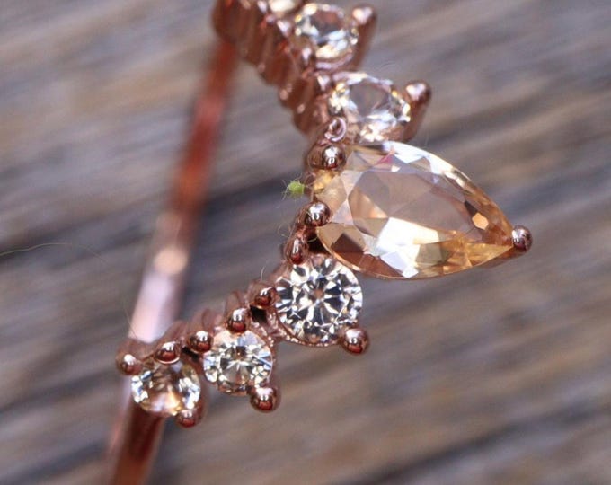 Peach Morganite Curve Wedding Sterling Silver Band- Champagne Contour Rose Band- Beige Layer  Chevron Band- Half Circle Gold Enhancer Band
