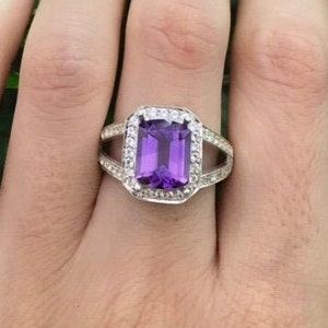 2.44ct Purple Amethyst Rectangle Solitaire Ring- Emerald Cut Amethyst Split Band Engagement Halo Ring- Purple Gemstone Ring- February Ring
