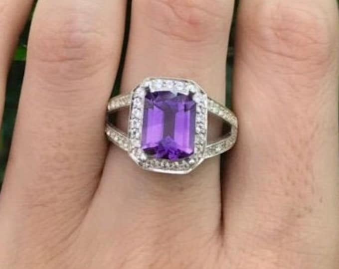 2.44ct Purple Amethyst Rectangle Solitaire Ring- Emerald Cut Amethyst Split Band Engagement Halo Ring- Purple Gemstone Ring- February Ring