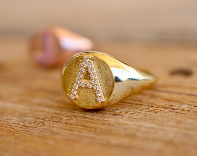 Pave Family Birthstone Signet Ring- Alphabet Letter Initial Rose Gold Ring- Round Disc Personalize Custom Statement 925 Sterling Silver Ring