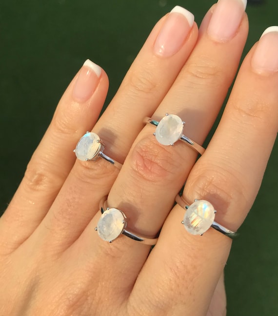 Sterling Silver Facet Free Form Rainbow Moonstone Ring Sterling Silver Facet Free Form Rainbow Moonstone Ring