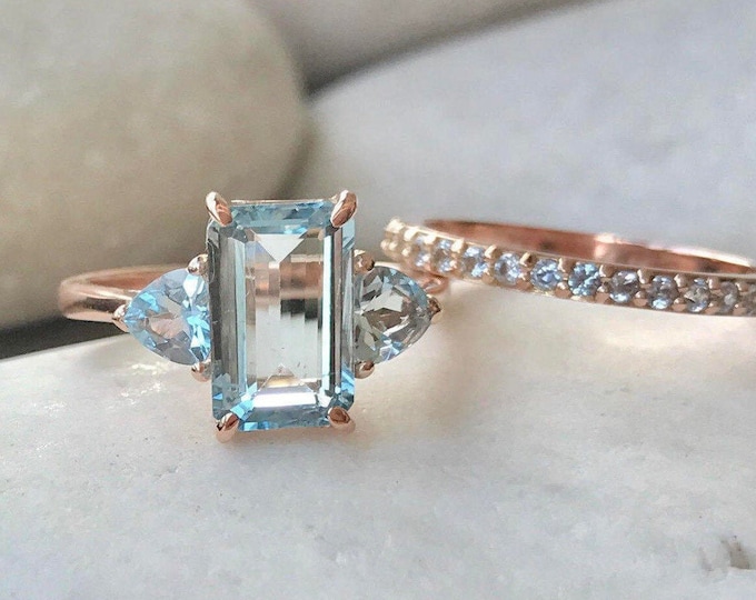 2.20ct Genuine Blue Aquamarine Emerald Cut Bridal Ring Set- Natural Light Blue Rectangle Engagement 2 Solid 14k Rings- March Birthstone Ring