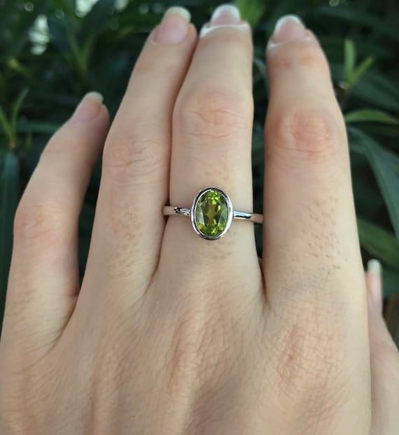 White Gold Ladies Genuine Peridot and White Topaz Gemstone Engagement Ring