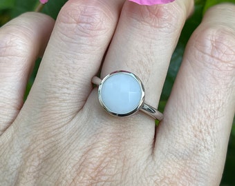 Natural White Round Agate Stone Sterling Silver Ring- Genuine White Gemstone Ring- White Bezel Simple Minimalist Ring-White Stackable Ring